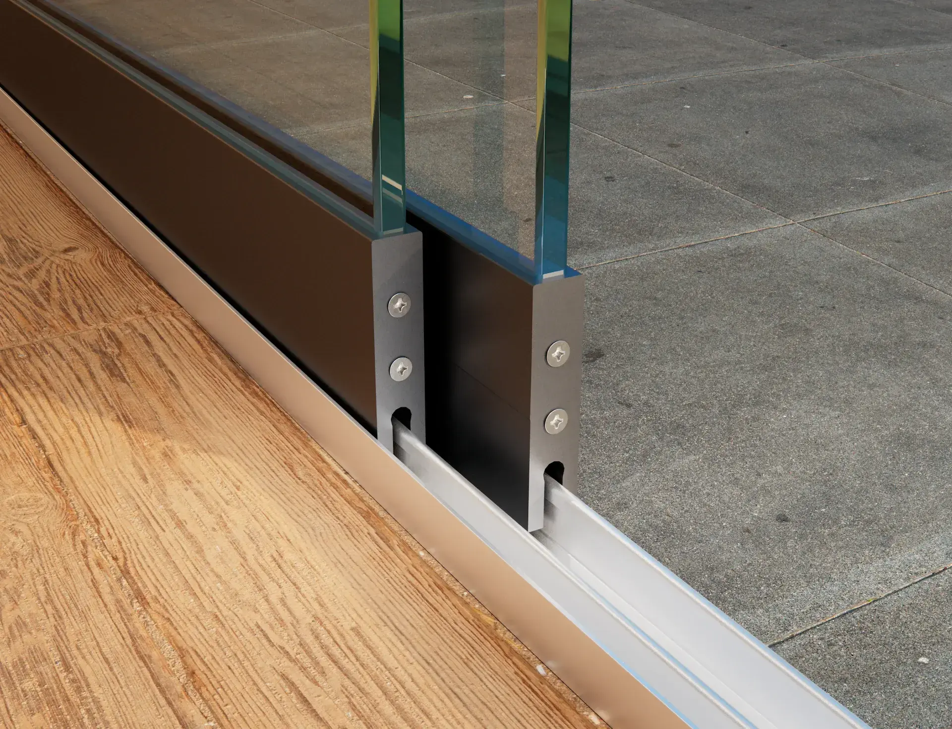 Steellook glazen schuifwand met 2 rails, ingezoomd op de 2 onderrails