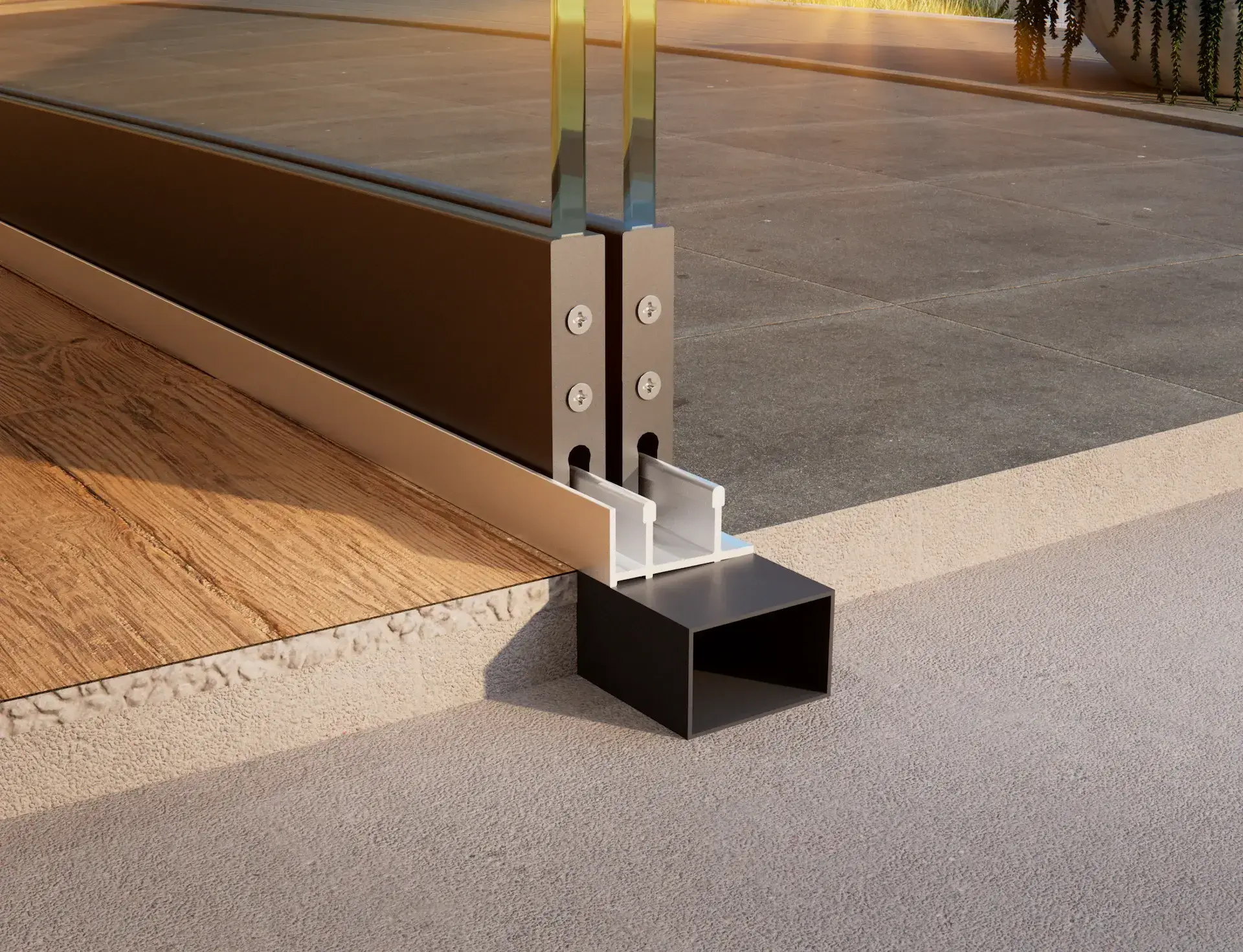 Steellook glazen schuifwand met 2 rails ingezoomd aan het uiteinde van de rails.