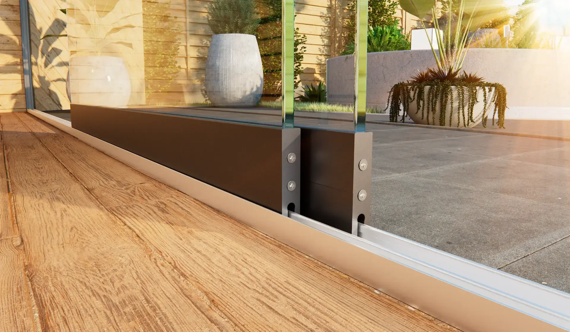 Steellook glazen schuifwand met 2 rails closeup van de rails met 2 verschillende vloeren aan beide kanten