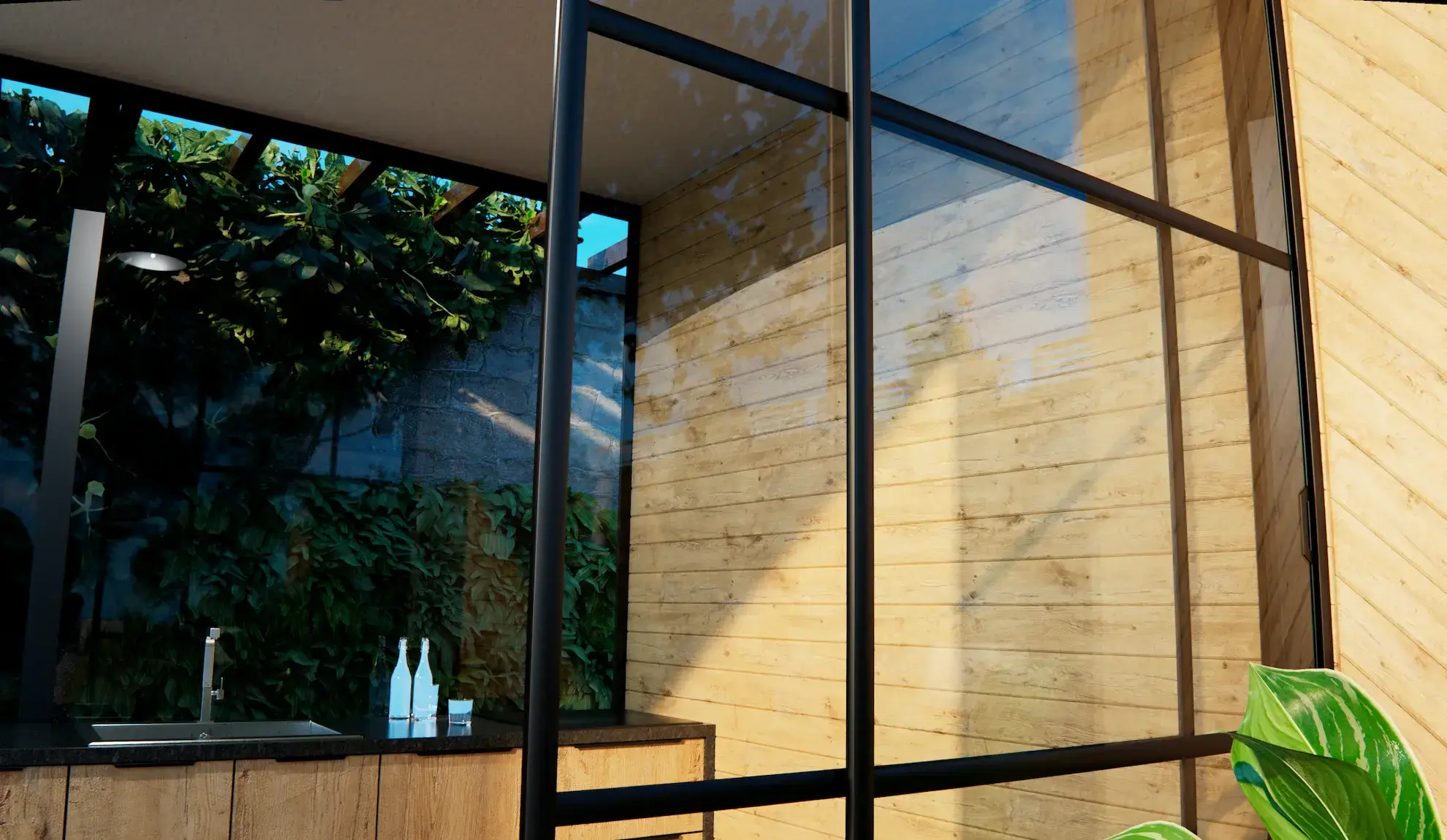 Steellook glazen schuifwand met 3 rails met aanrecht binnen en houten muur ernaast