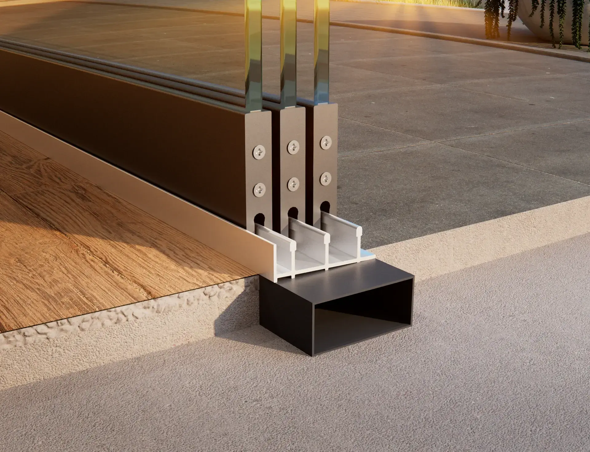 Steellook glazen schuifwand met 3 rails uiteinde van de rails goed zichtbaar