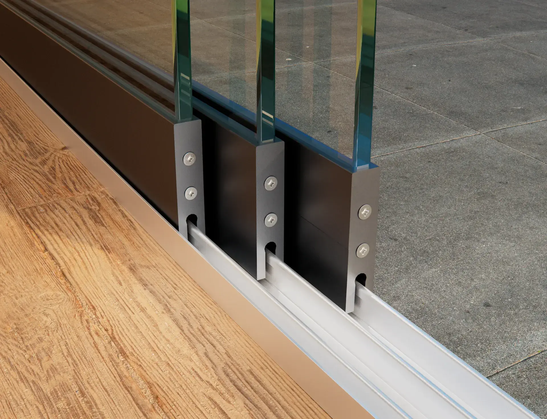 Steellook glazen schuifwand met 3 rails, wanden verspreid over de rails met 2 verschillende vloeren, netjes gelegd