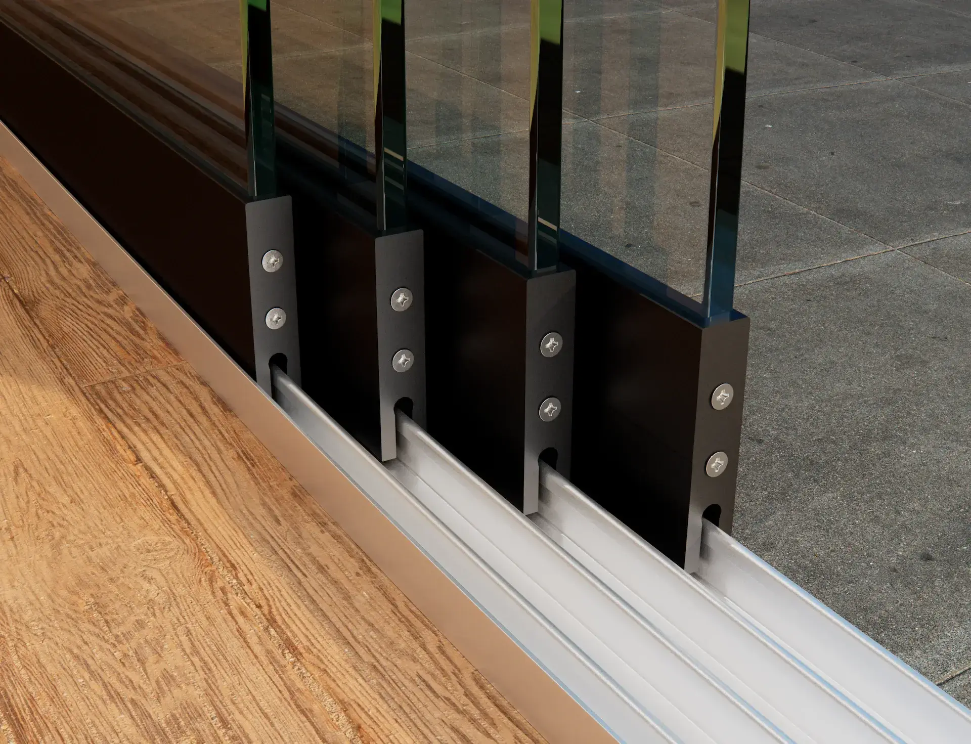 Steellook glazen schuifwand met 4 rails, met de glazen schuifwanden verspreid over de rails, stijlvol en elegant design