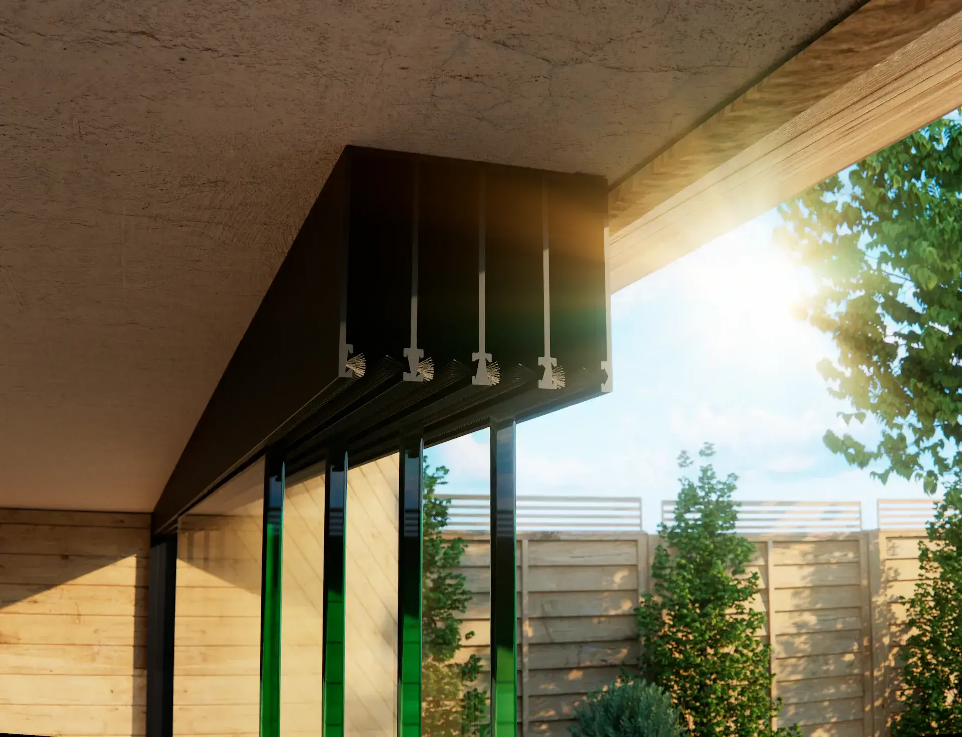 Steellook glazen schuifwand met 4 rails, bovenrails closeup