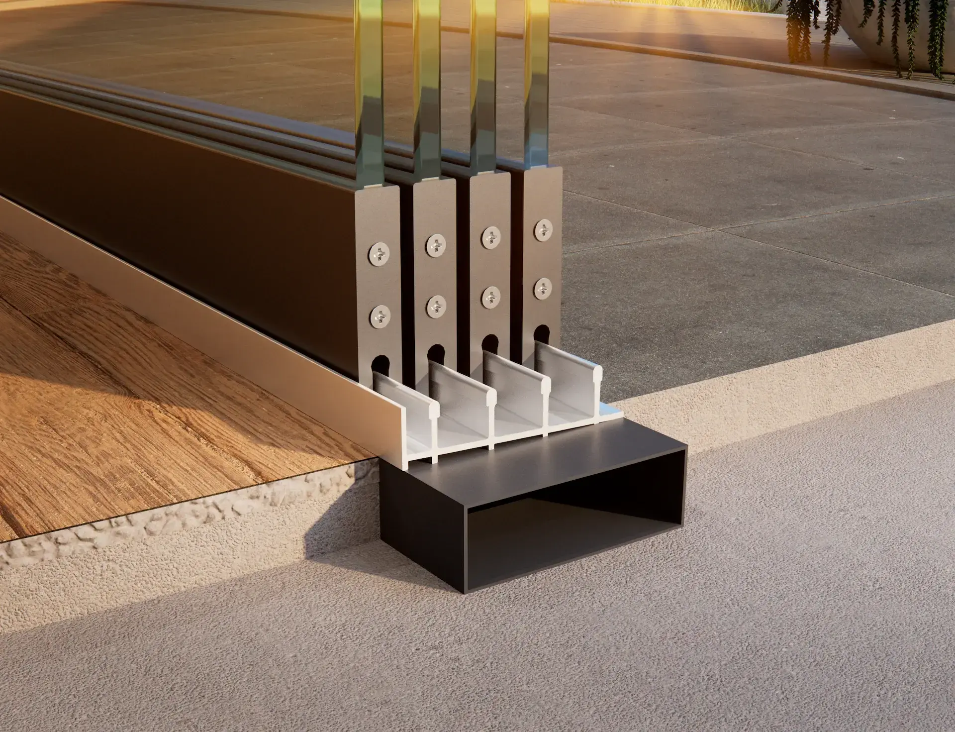 Steellook glazen schuifwand met 4 rails, einde van de schuifwand zijaanzicht