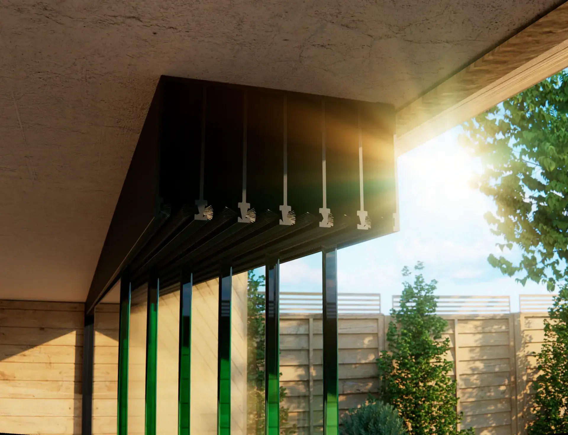 Steellook glazen schuifwand met 6 rails, bovenrails zichtbaar met elegant design en nette moderne uitstraling