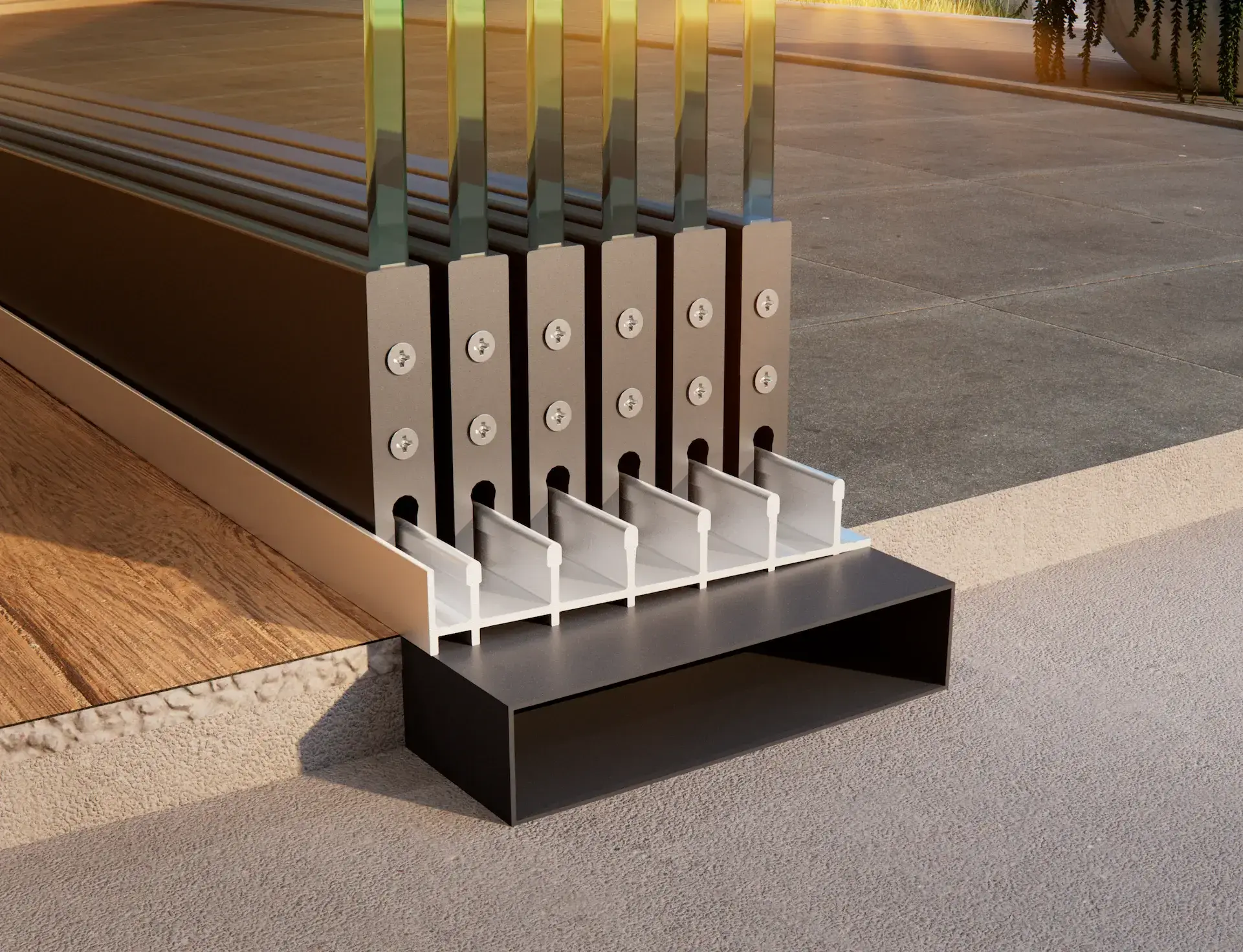 Steellook glazen schuifwand met 6 rails, uiteinde van de wanden allemaal recht naast elkaar, netjes gelegd