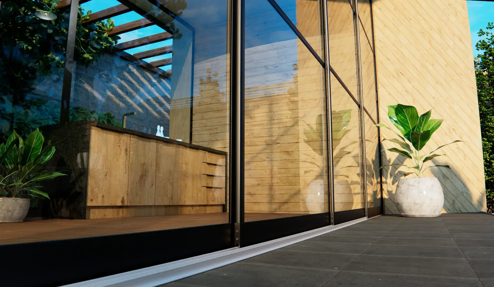 Steellook glazen schuifwand met 7 rails, closeup van onderdag en houten aanrecht in zicht