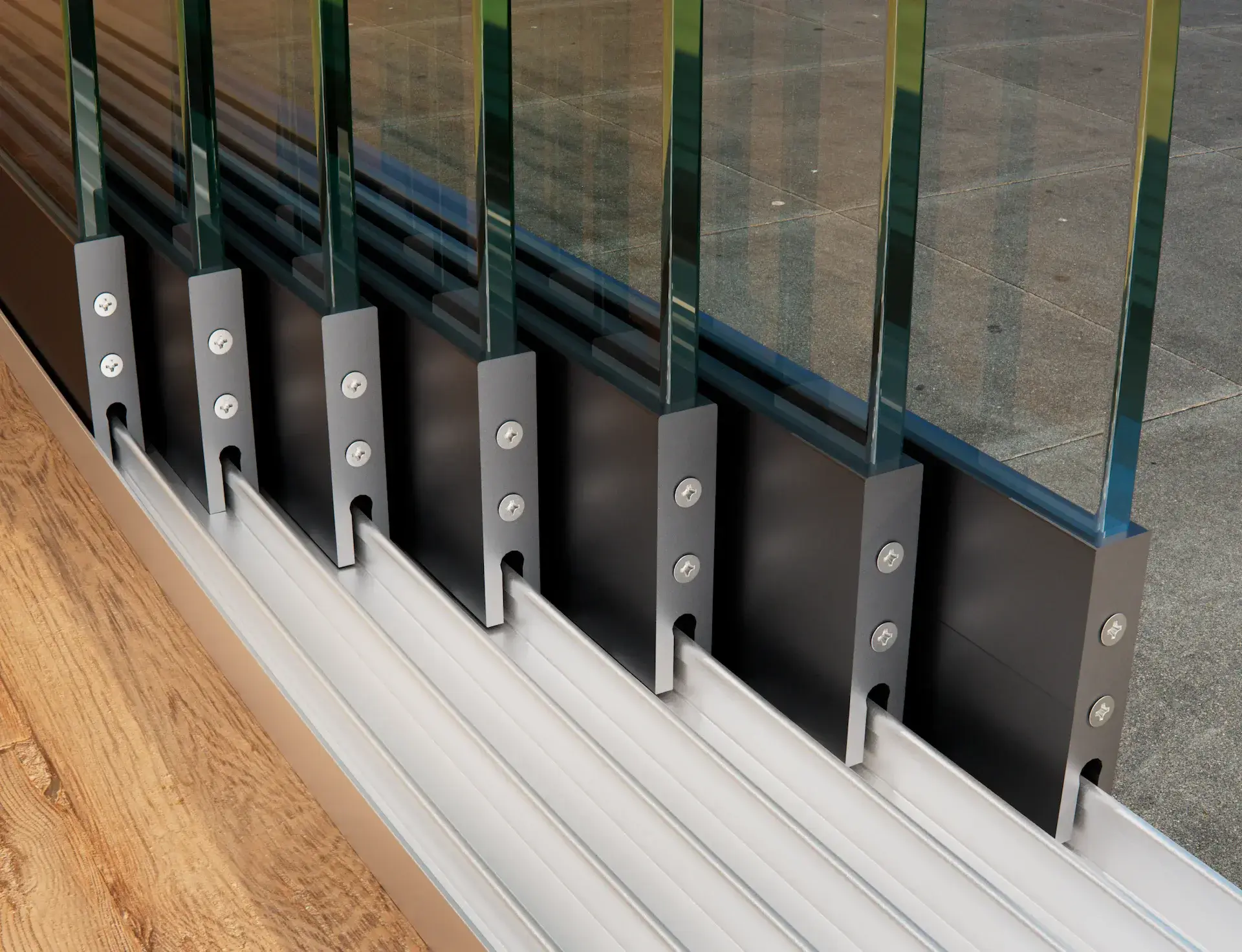 Steellook glazen schuifwand met 7 rails, wanden verspreid over de rails met modern design, netjes aangelegd