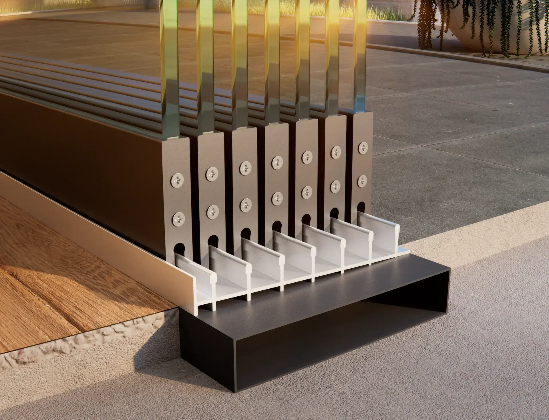 Steellook glazen schuifwand met 7 rails, uiteinde van de wanden zijaanzicht