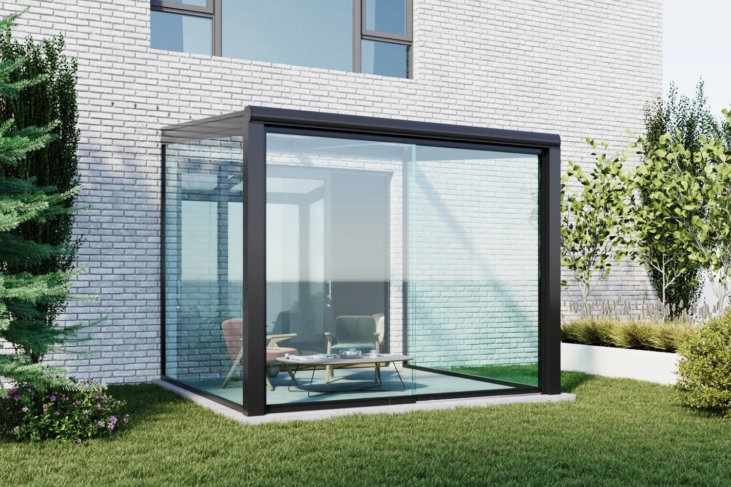 glazen schuifwanden 7 rails helder zwart