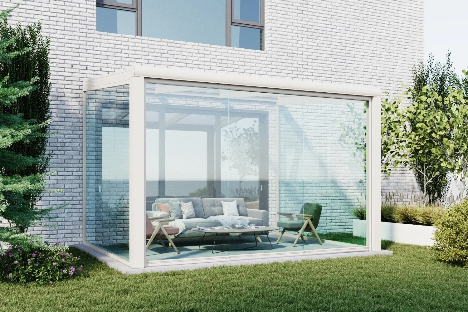 Witte serre met glazen schuifwanden 3 rails