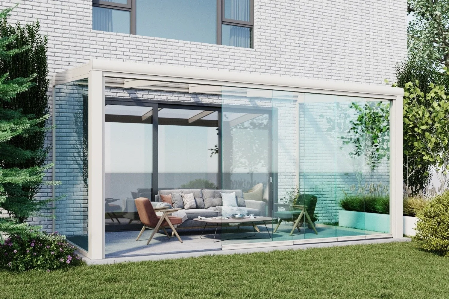 Witte serre met glazen schuifwanden 4 rails