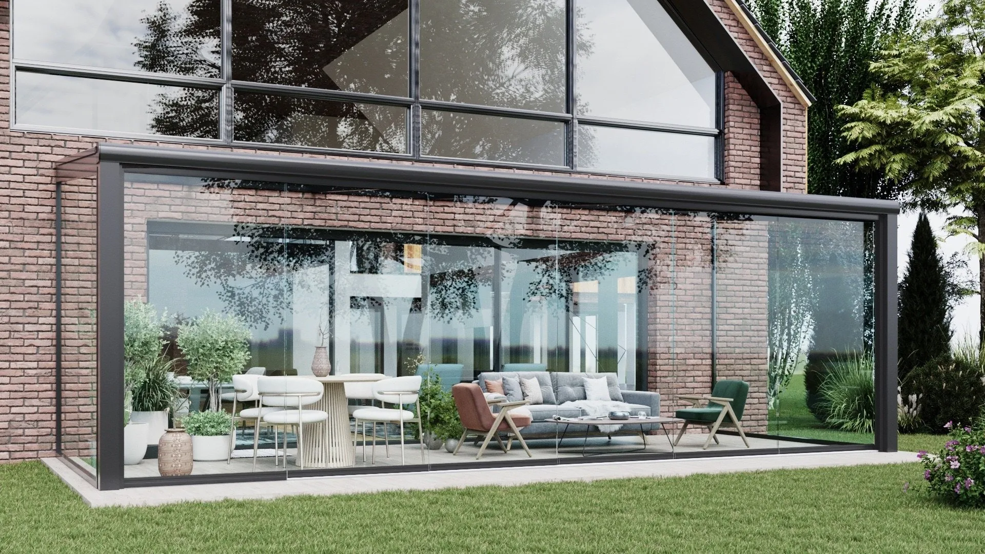 Zwarte serre met glazen schuifwanden 6 rails