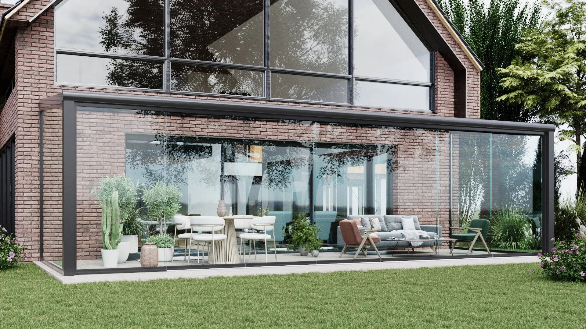 Zwarte serre met glazen schuifwanden 7 rails