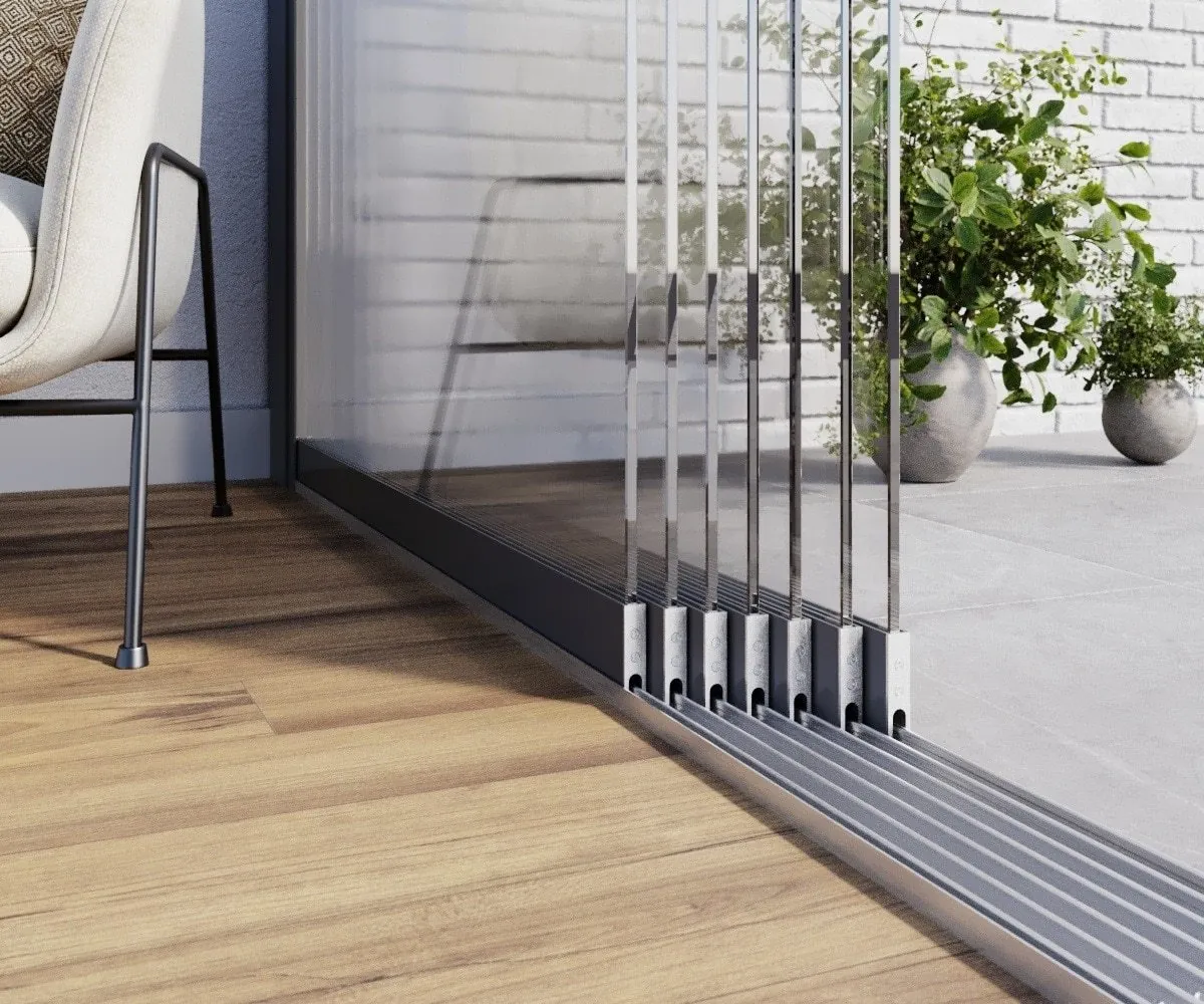 Glazen schuifwanden 7 rails helder glas antraciet