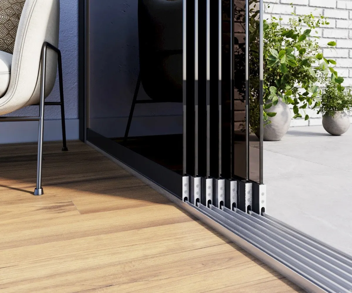 Glazen schuifwanden 7 rails privacy glas zwart