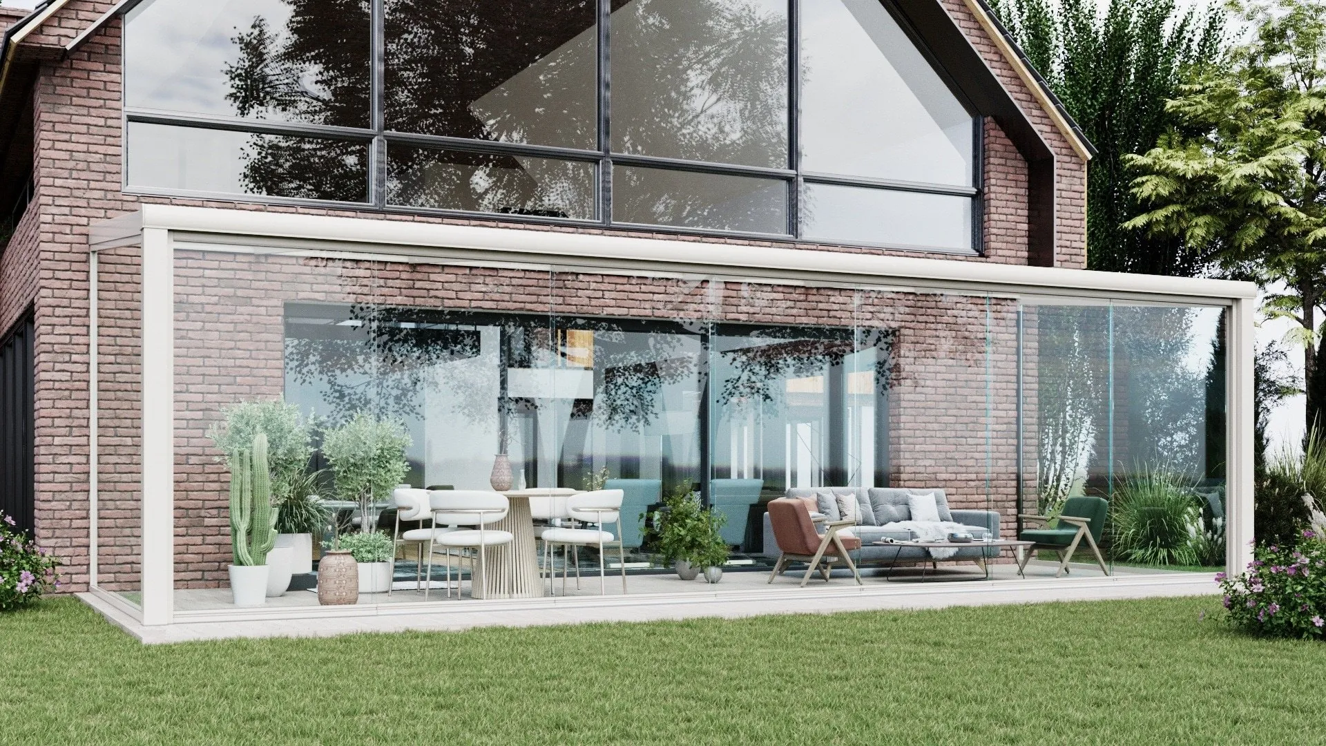 Witte serre met glazen schuifwanden 7 rails