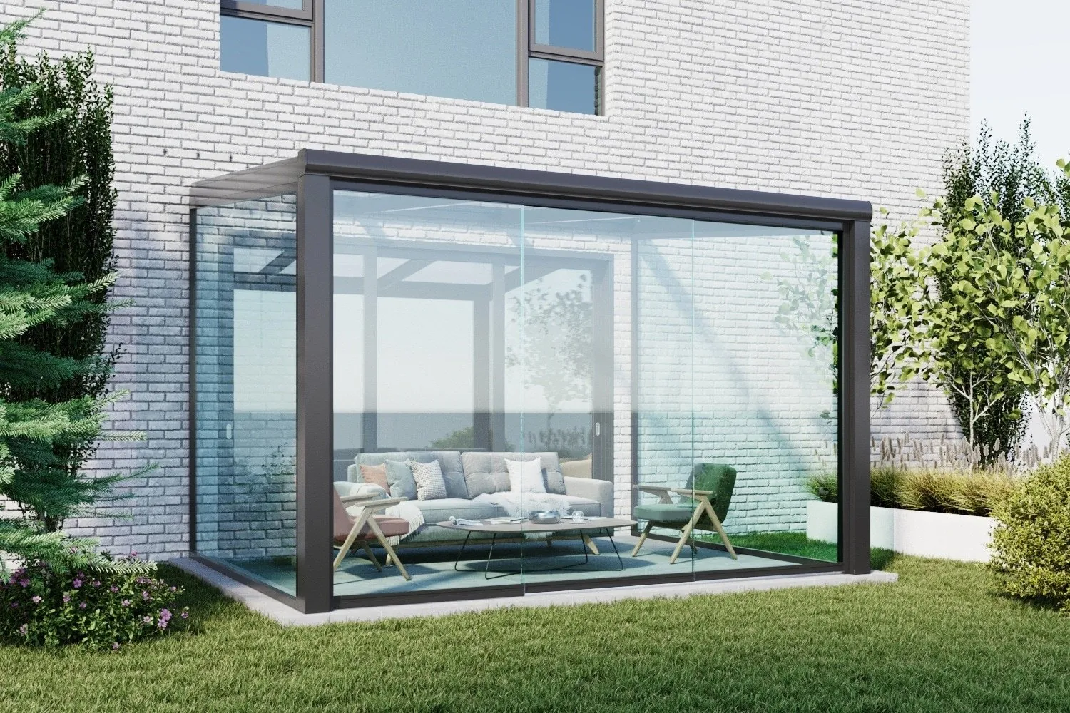 Zwarte serre met glazen schuifwanden 3 rails